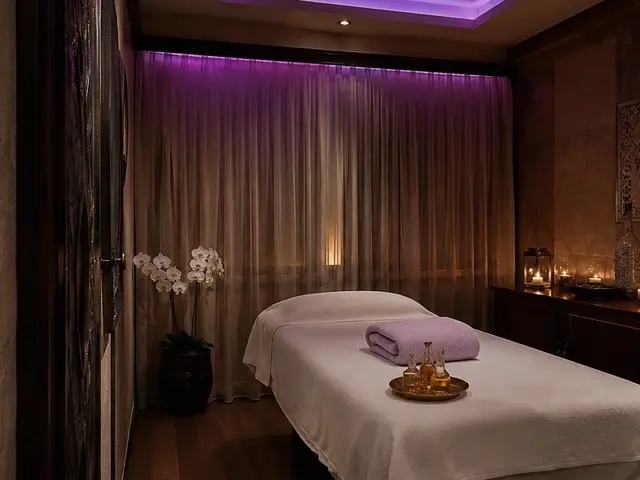 Mor ışıklı, mumlarla hazırlanmış masaj odası — Mecidiyeköy, Masaj Salonun